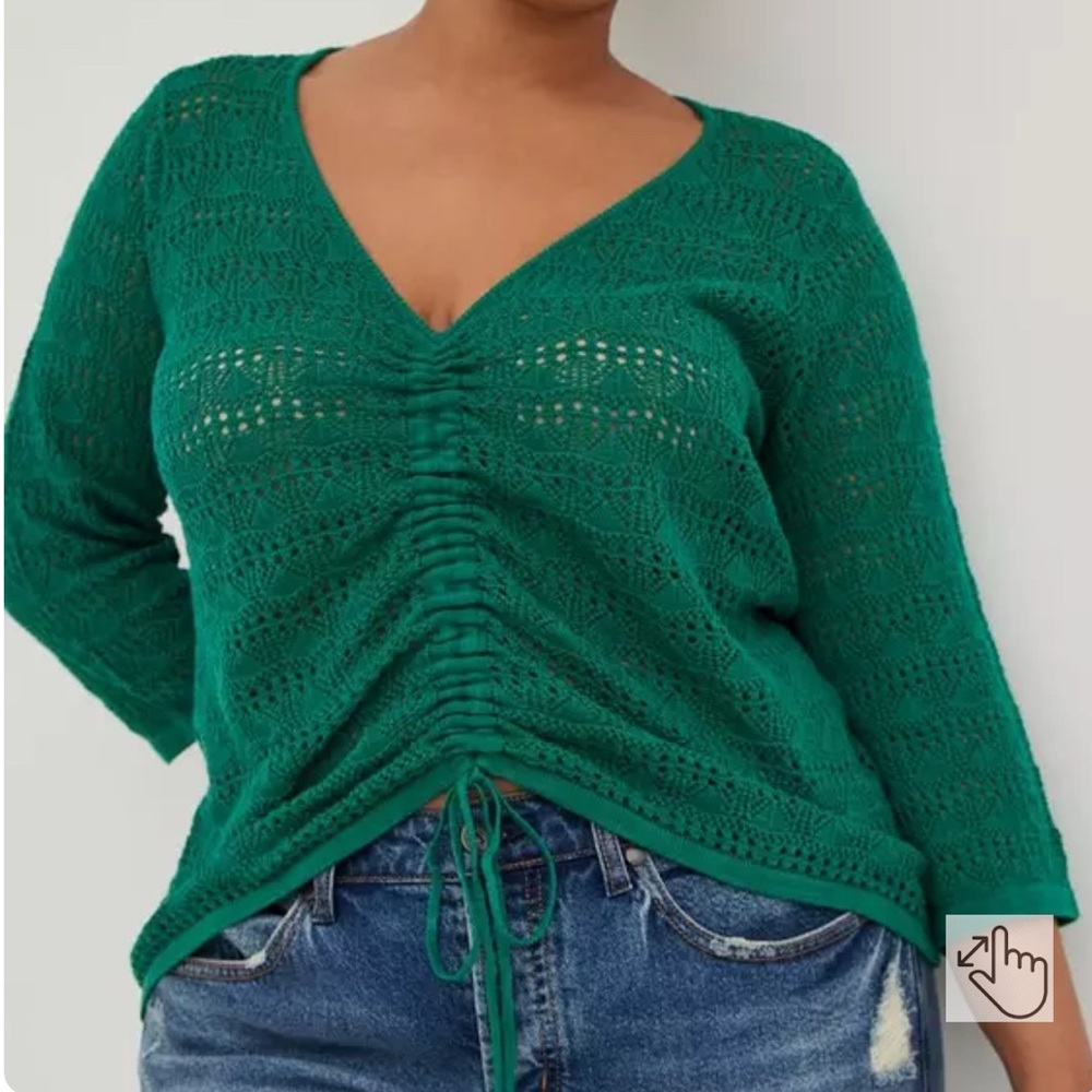Open Stitch Pullover V-Neck Cinched Front Sweater